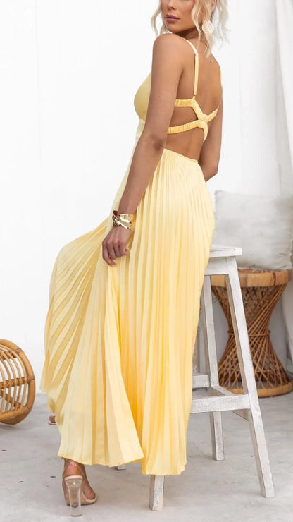 Yellow V-Neck Pleated Maxi Dress for Special Occasions
